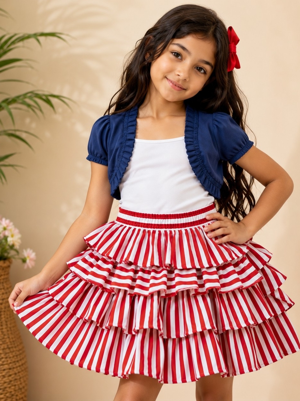 Mustard Pie Girls Red & White Striped Tiered Ruffle Skirt Size 8 #1430